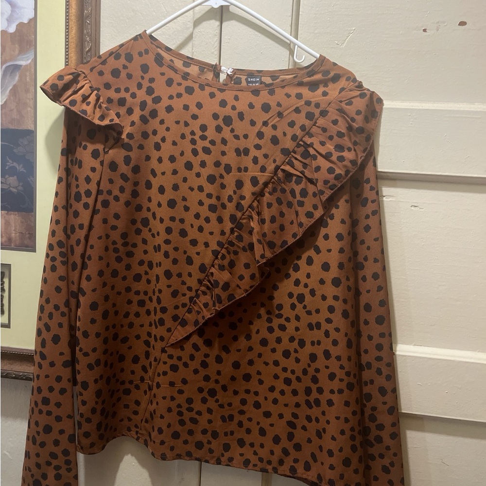 SHEIN Brown and Black Polka Dot Ruffle Blouse